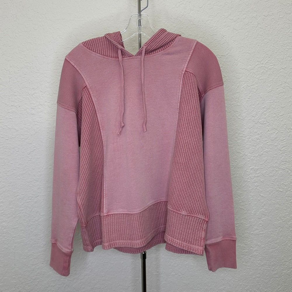 Natural Reflections Women Mixed Media Waffle Knit Pullover Hoodie Pink Medium